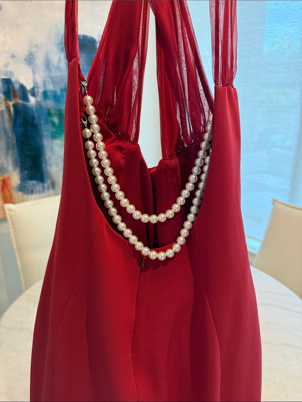 Oh Polly Red Halter-Style Evening Gown with Pearl detail - Picture 3 of 5
